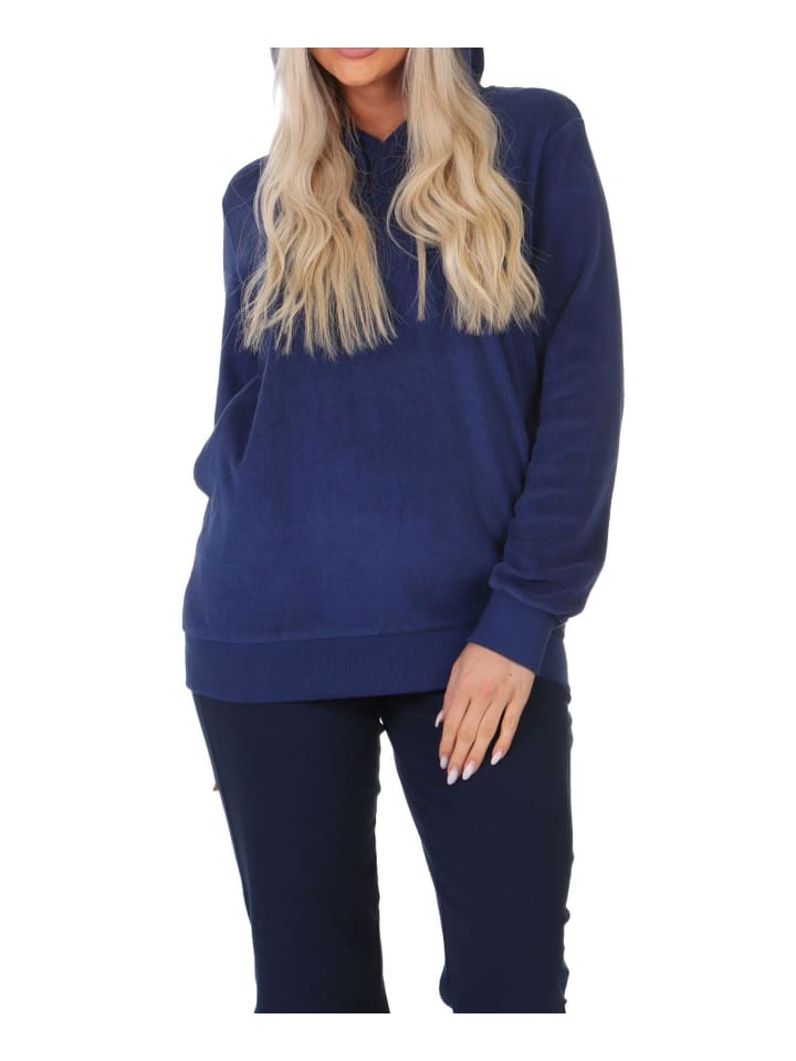 Schlafanzug langarm Frottee Oberteil Pyjama Hoodie in marine