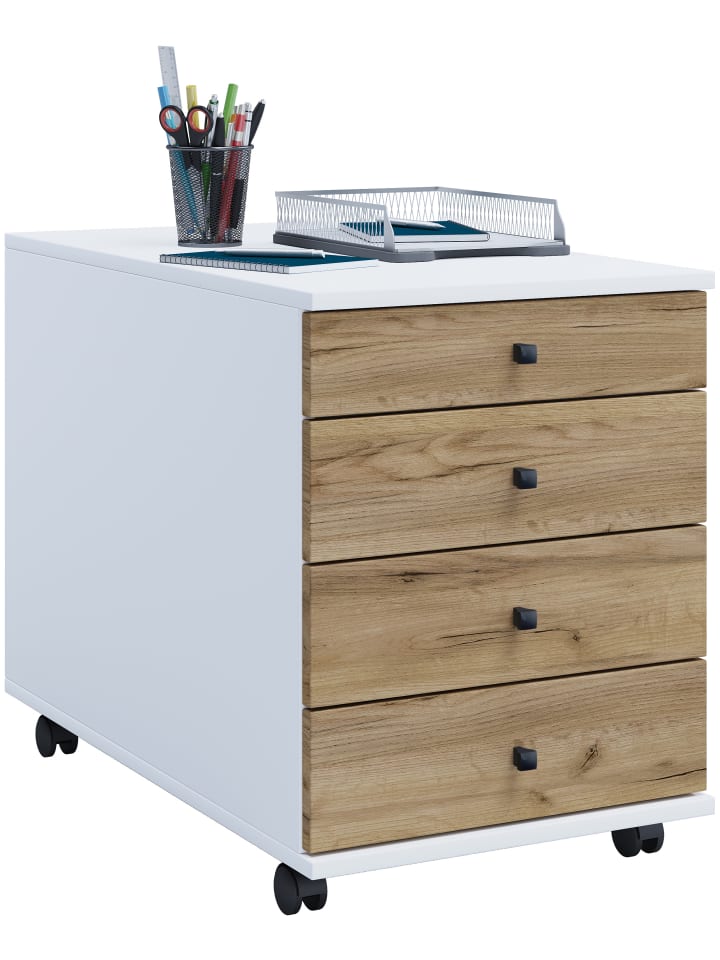 Rollcontainer Bürocontainer Schublade Lona 75 cm in Weiß / Honig-Eiche
