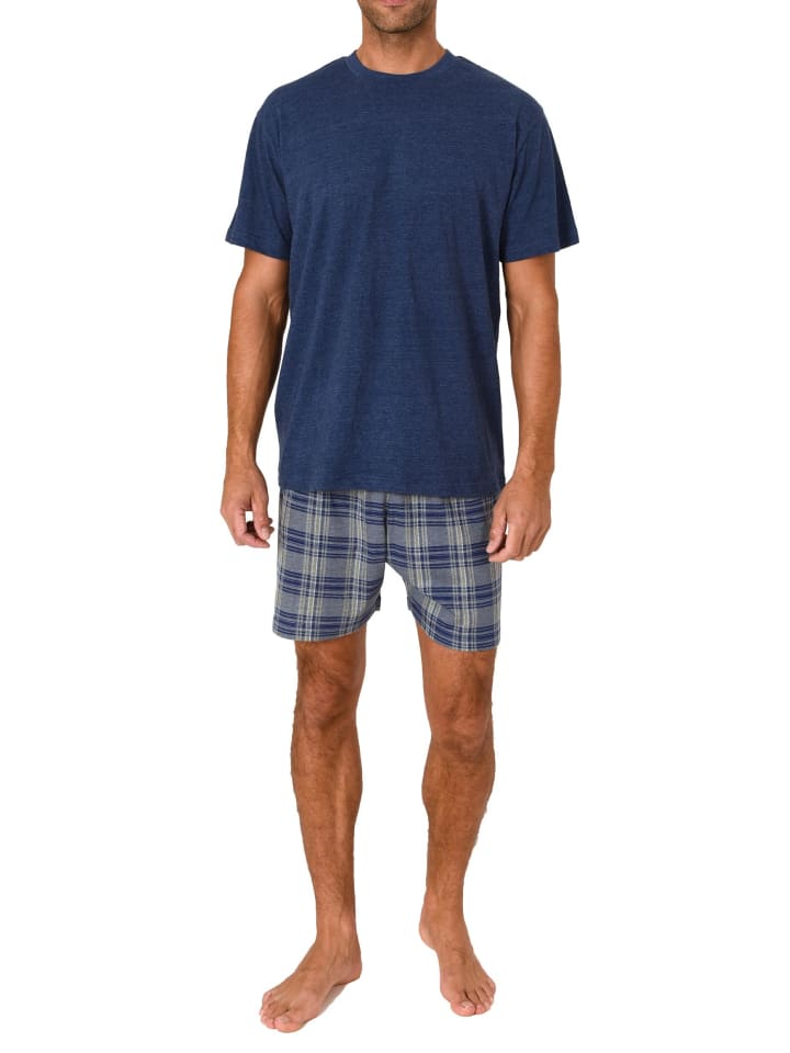 Schlafanzug kurzarm Shorty mit karierter Jersey Hose - 86225 in navy