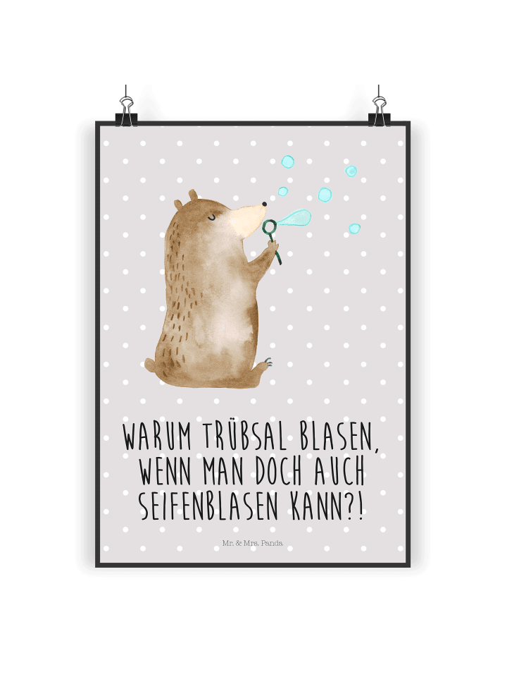 Plakat Bär Seifenblasen mit Spruch in Grau Pastell