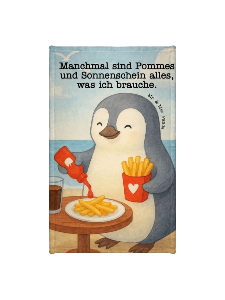 Handtuch Pinguin Pommes Design mit Spruch in Weiß