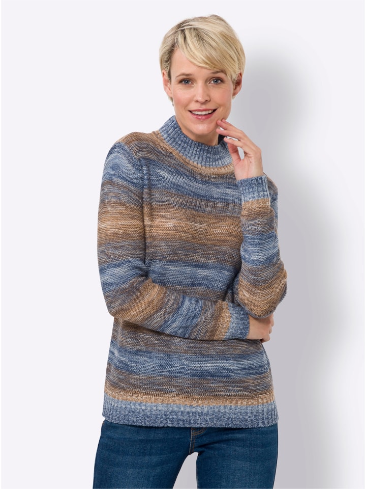 Stehkragen-Pullover in camel-jeansblau-gemustert