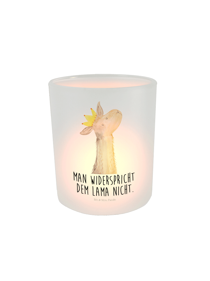 Glas Windlicht Lamakopf König mit Spruch in Transparent