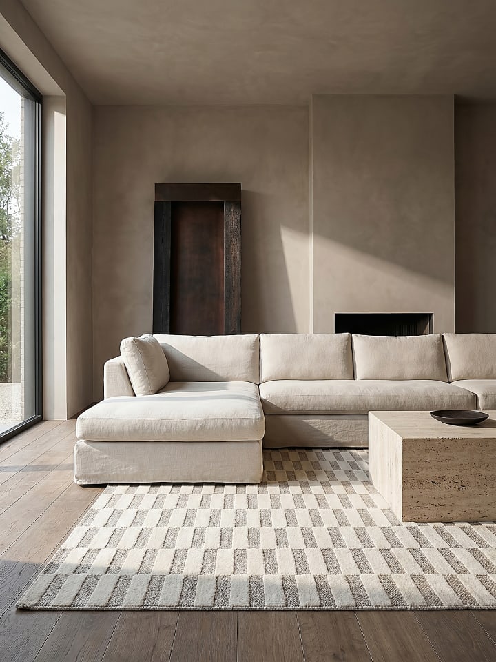 Teppich Kurzflor Strapazierfähig RIDGE Schachbrett Muster Wohnzimmer in Beige