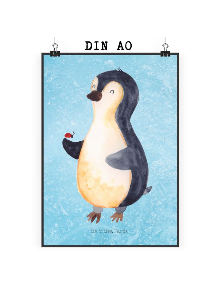 Wandbild Pinguin Marienkäfer ohne Spruch in Eisblau
