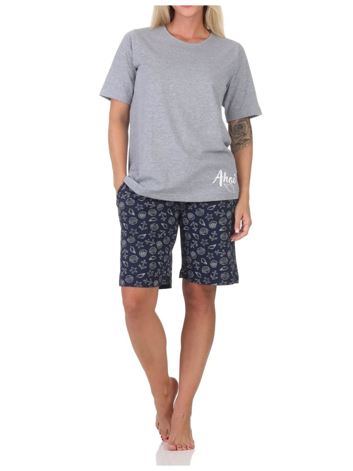 Kurzarm Pyjama Schlafanzug Shorty Maritimer Look 125 205 866 in grau