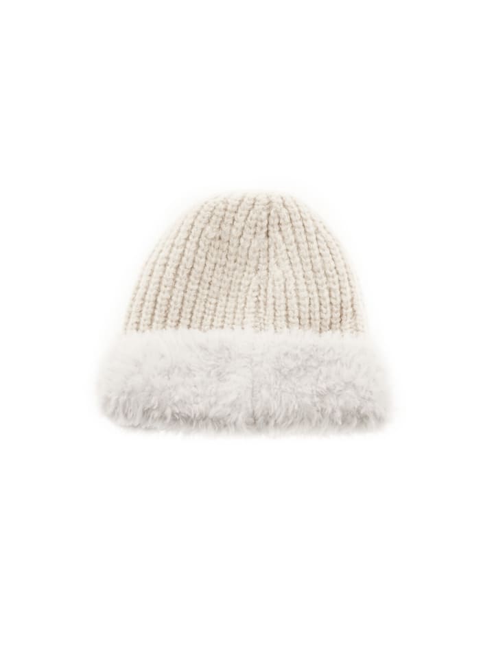 Strickmütze mit weißem Plüsch Wintermütze OneSize für Unisex in Creme