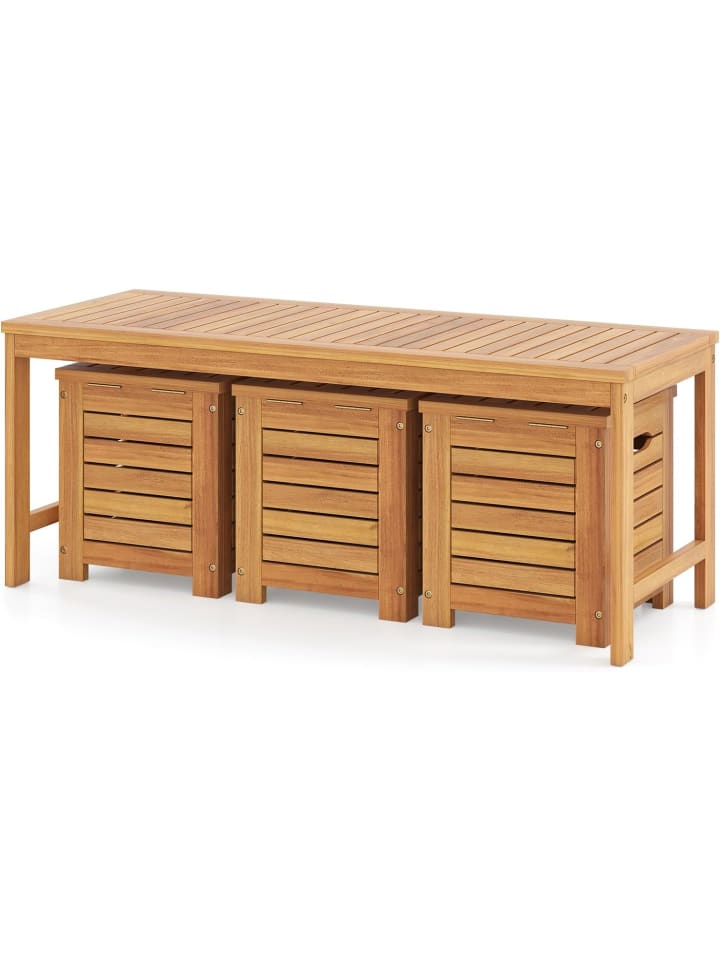 Gartenbank Holz mit 3 Aufbewahrungsboxen 115 x 45 x 46 cm in Hellbraun