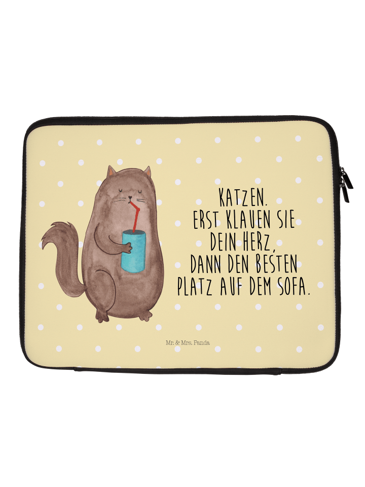Laptophülle Katze Dose mit Spruch in Gelb Pastell