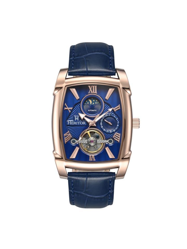 Valentin Lederarmbanduhr mit Datumsanzeige in Rose Gold/Blue