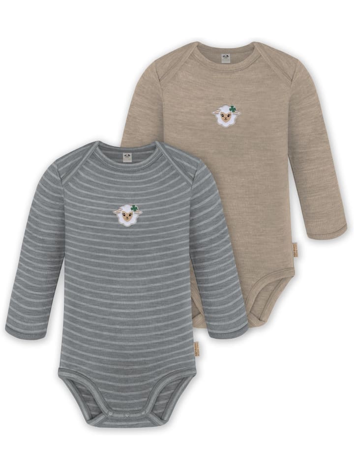 2er Pack Baby Merino Body Langarm Auckland in Grau/Beige