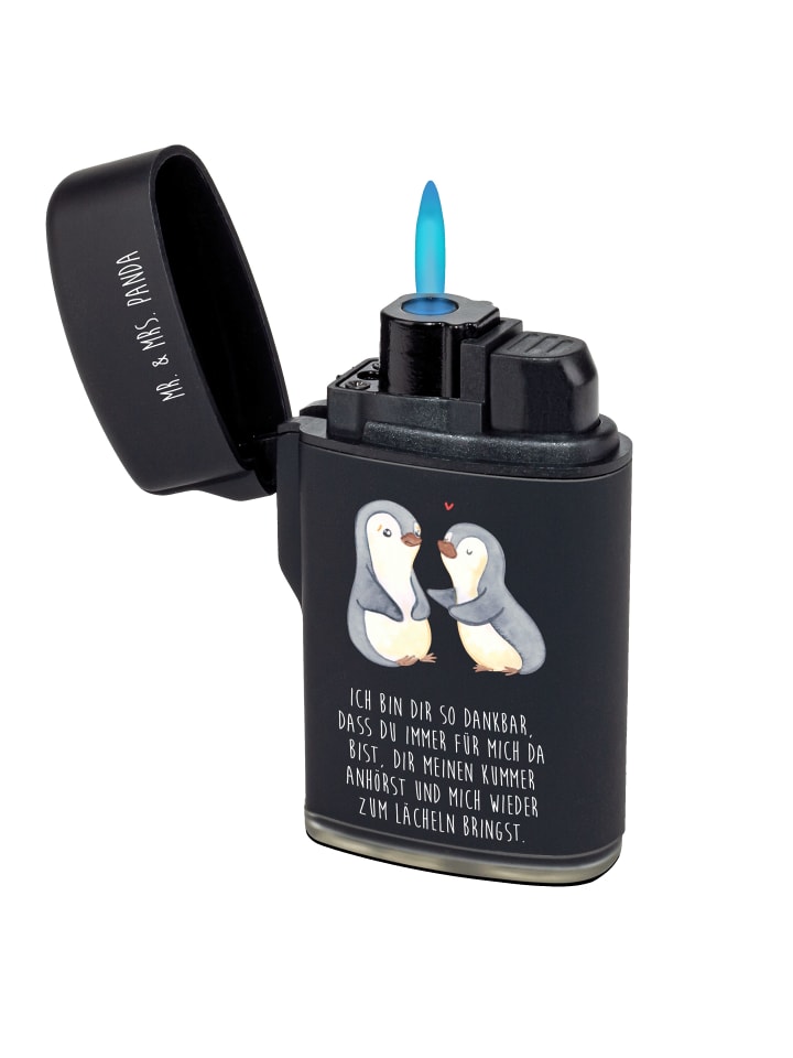 Feuerzeug Pinguine trösten mit Spruch in Schwarz