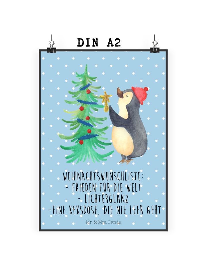 Wandposter Pinguin Weihnachtsbaum mit Spruch in Blau Pastell