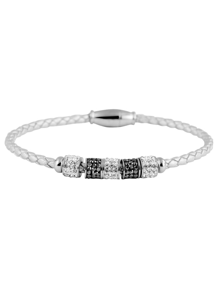 Damen Armband aus Leder mit Strass Steinchen 19 cm in silber