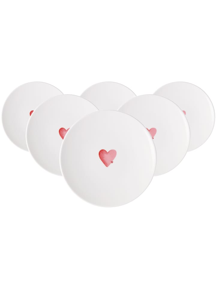 6er Set Frühstücksteller Sending Love With Love in Weiß-Rot ø 21,2 cm
