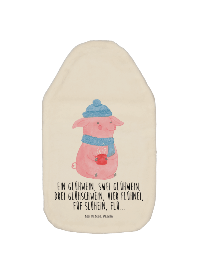 Wärmflasche Schweinchen Glühwein mit Spruch in Weiß