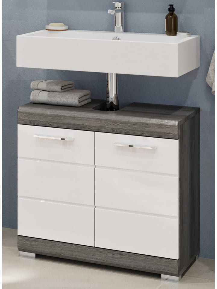Waschbeckenunterschrank weiß Hochglanz, grau 60 cm