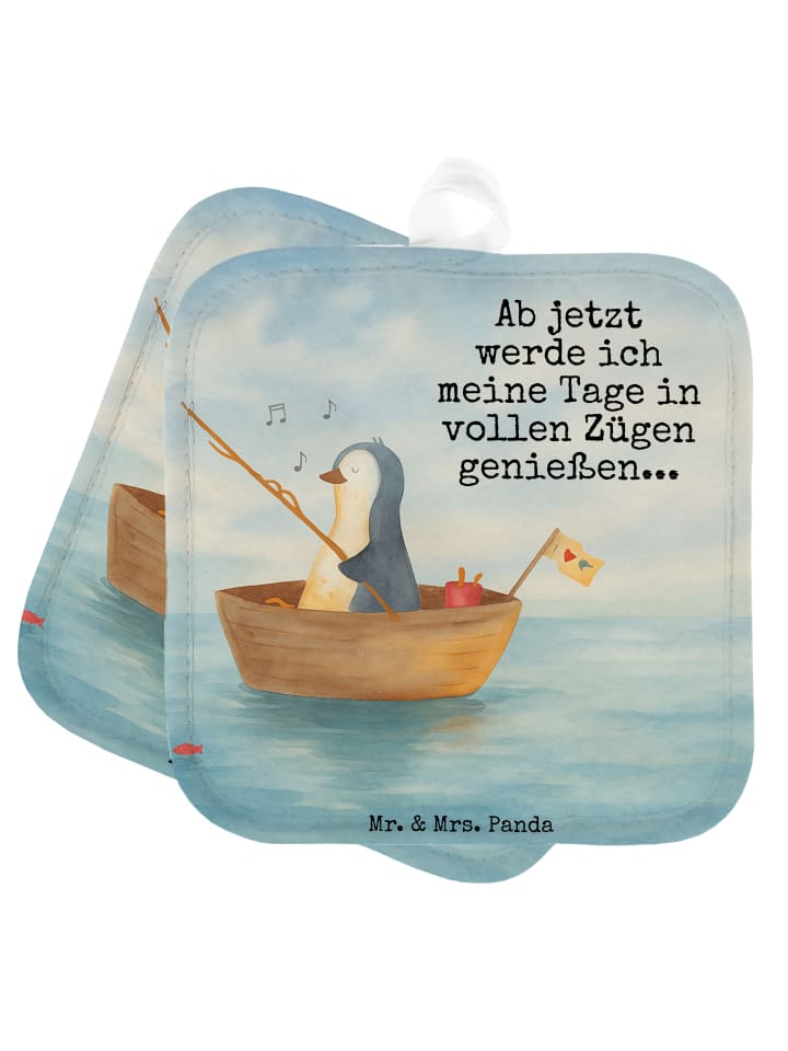 Topflappen Pinguin Angelboot Design mit Spruch in Weiß