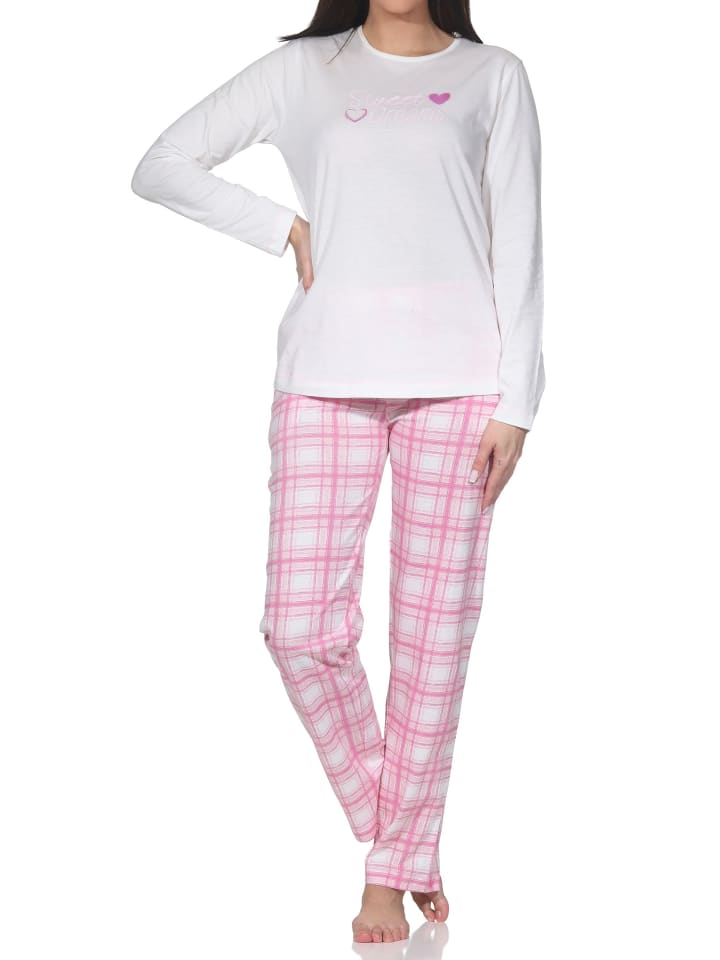 Schlafanzug langarm Pyjama karierter Hose Jersey Übergrößen in creme