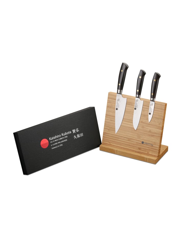 Katahiro Kubota Sense 3er Koch-/Santokumesser set + Magnet-Messerhalter
