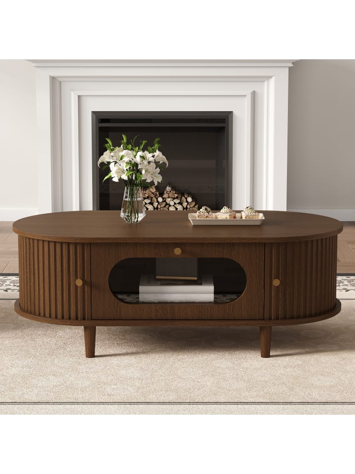 Couchtisch in Walnuss mit Schublade Rolltür 100x50x36 cm