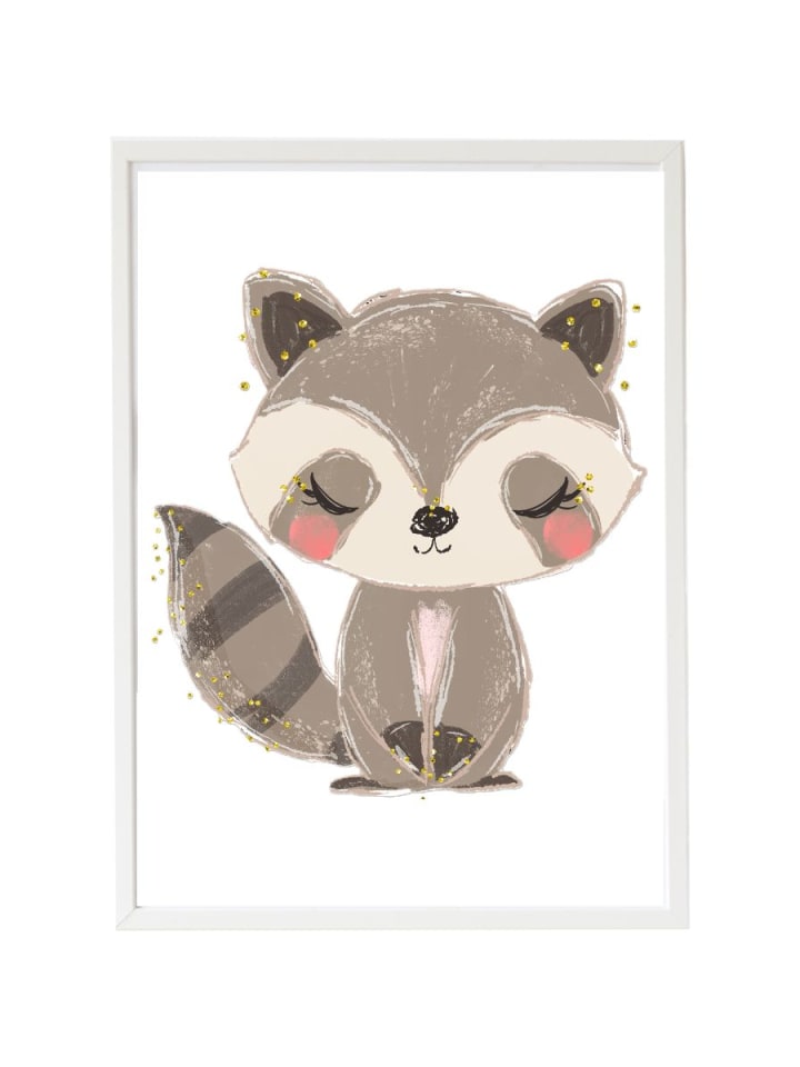 Kinderbild mit Waschbärmotiv in Weiß – (B)33 x (H)43 x (T)2 cm