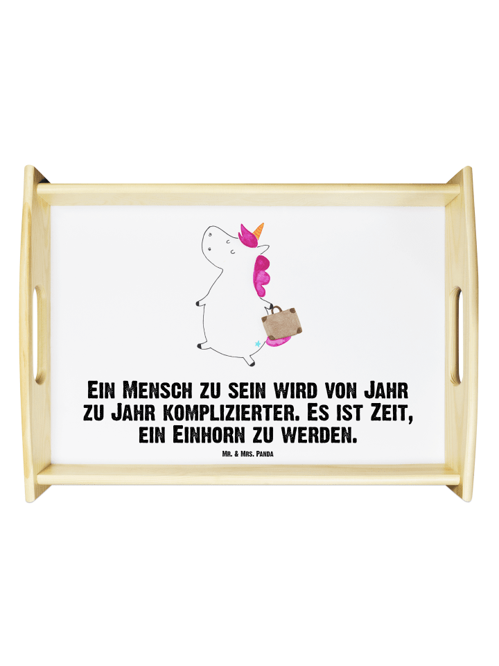 Holztablett Einhorn Koffer mit Spruch in Weiß