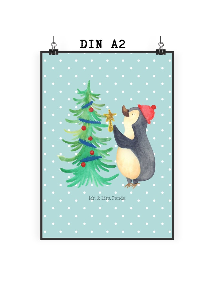Kunstdruck Pinguin Weihnachtsbaum ohne Spruch in Türkis Pastell
