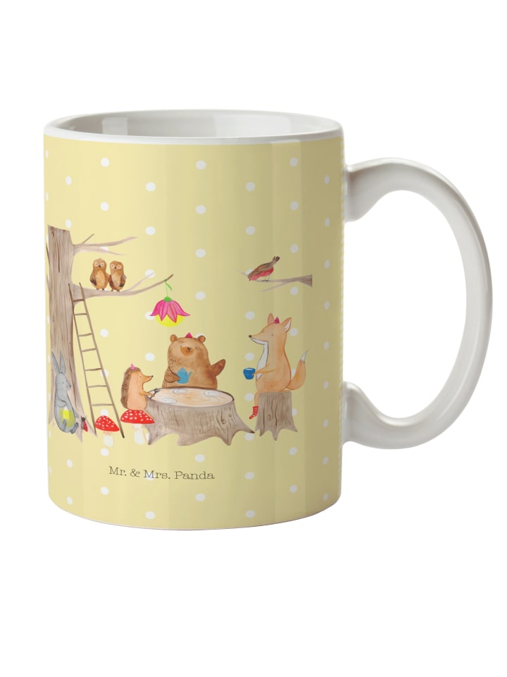 Kaffeetasse Waldtiere Picknick mit Spruch in Gelb Pastell