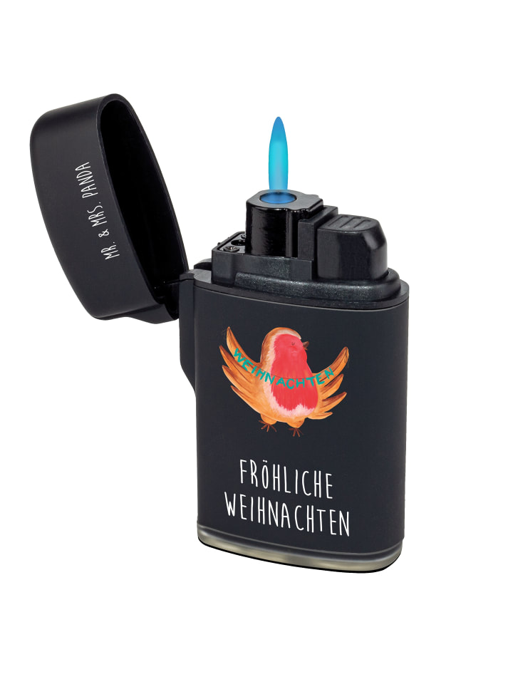 Feuerzeug Rotkehlchen Weihnachten mit Spruch in Schwarz