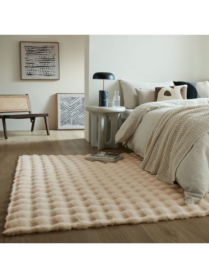 Langflor-Teppich Flauschig LUNE 3D Waffel Muster Wohnzimmer Modern in Creme