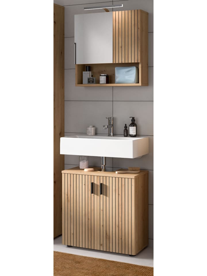 Badmöbel-Set Eiche Artisan 2-teilig 60 cm, Kombination mit Rillen-Optik