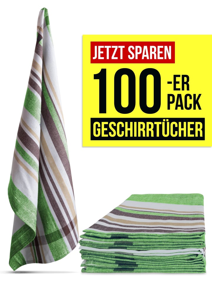 100 Geschirrtücher aus Baumwolle in Grün gestreift