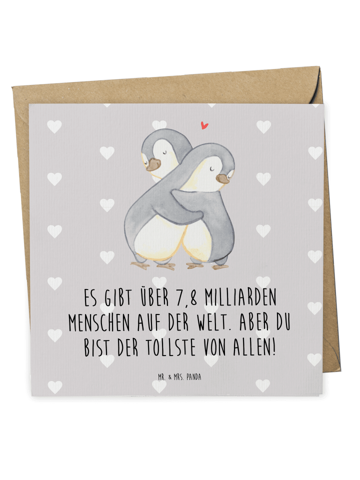 Grußkarte Pinguine Kuscheln mit Spruch in Grau Pastell