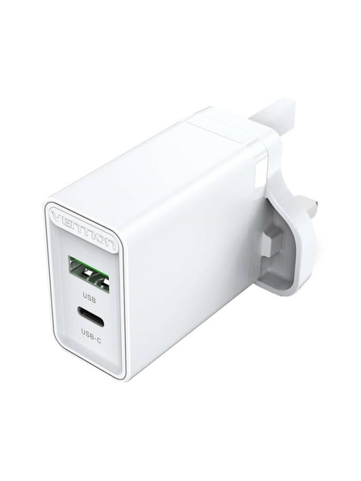 UK-Netzladegerät mit 2 Anschlüssen USB-A und USB-C (18W/20W) in Weiß