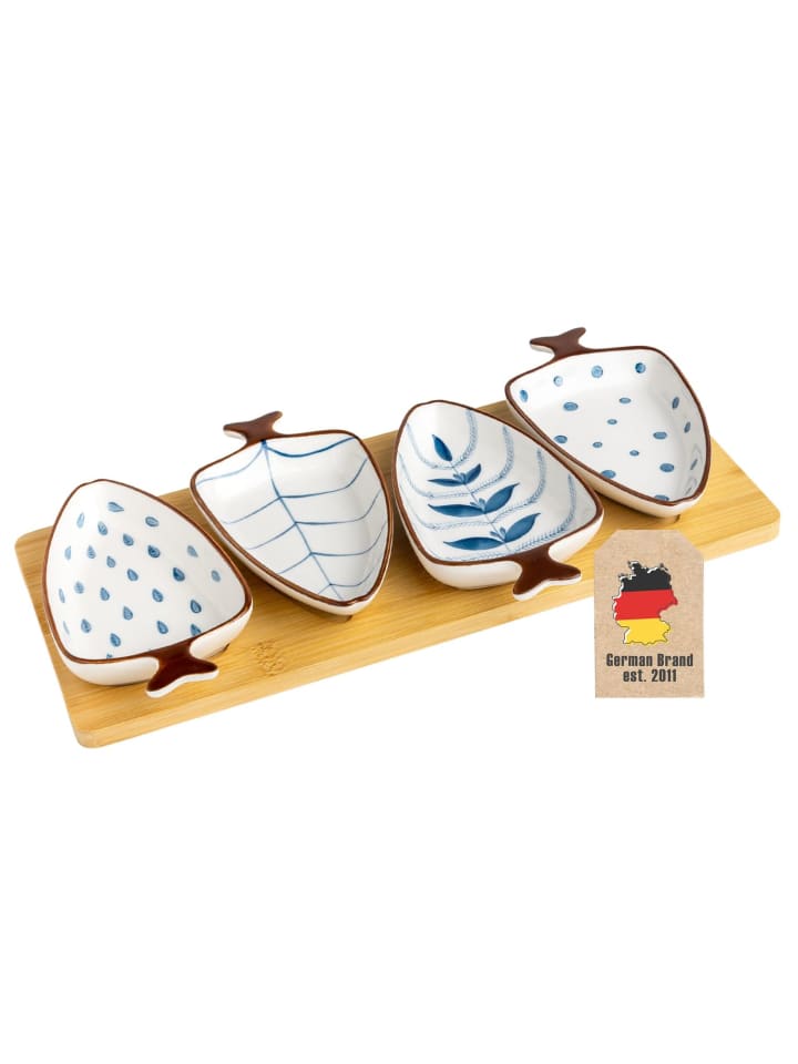 Keramik Dip-Schalen Set mit Holz-Tablett in Blau - Weiß