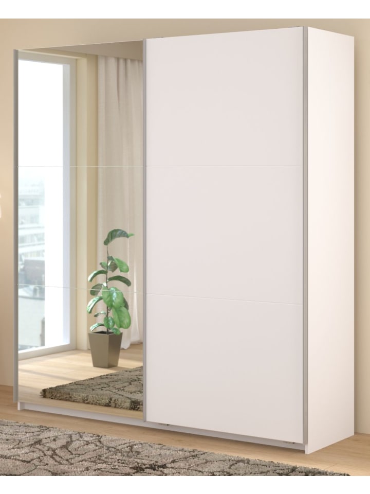 Kleiderschrank weiß 178 cm, Schwebetürenschrank mit Spiegel und Soft-Close