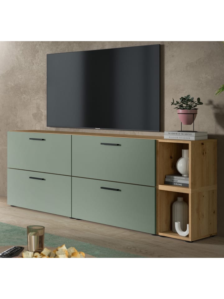 TV-Lowboard in grün und Artisan Eiche, TV Unterteil 176 cm hängend oder stehend