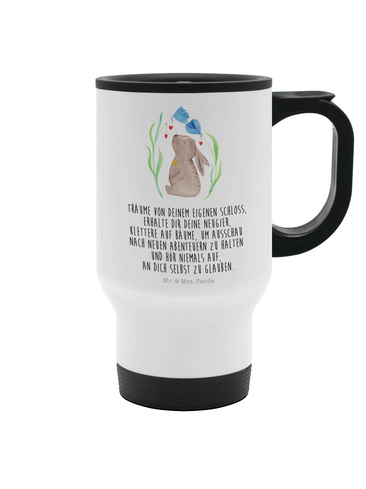 Thermosbecher Hase Blume mit Spruch in Weiß