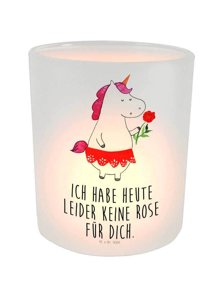 Teelichthalter Glas Einhorn Dame mit Spruch in Transparent