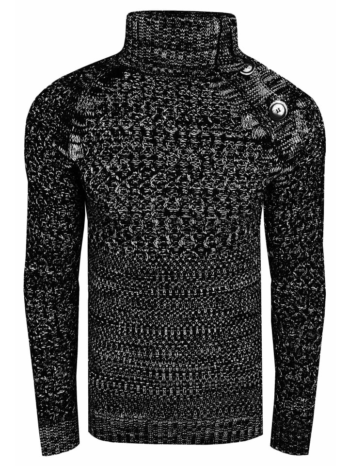Side Button-Placket Grobstrick Rollkragen-Pullover in Schwarz