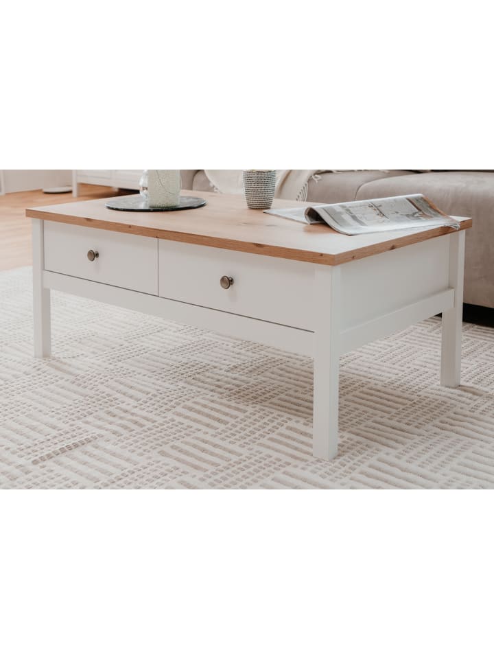 Couchtisch weiß, Eiche Artisan Landhaus, 110 cm, Wohnzimmertisch mit Schubladen