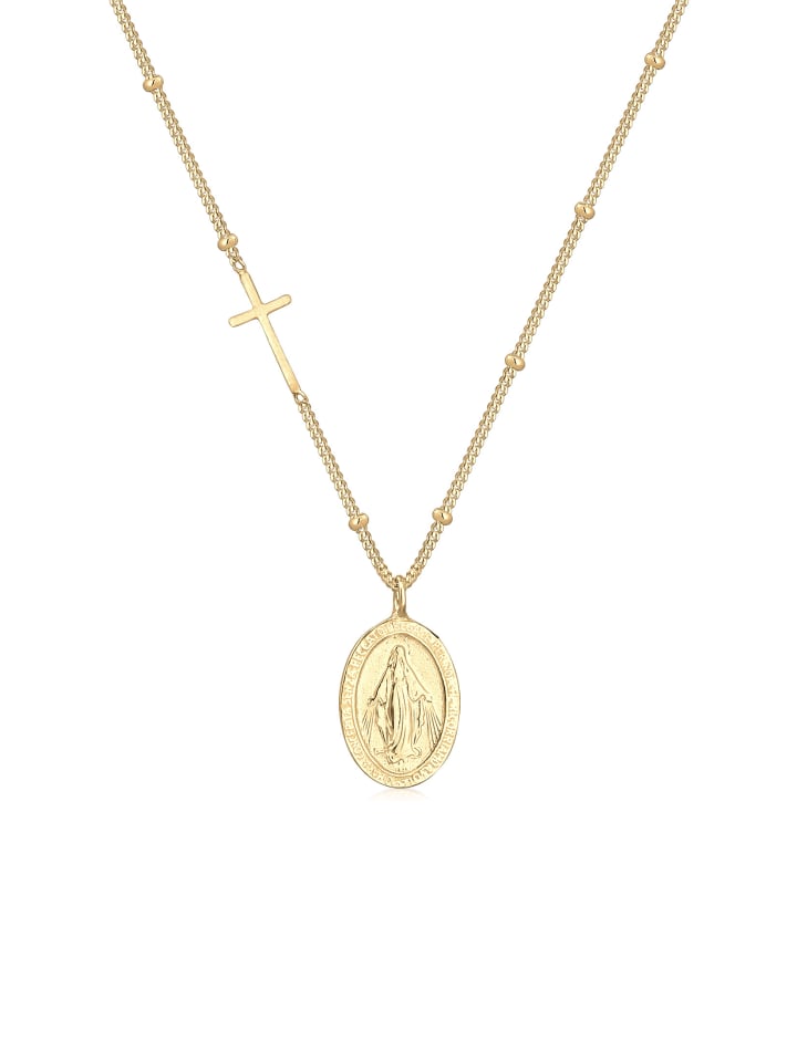 Halskette 925 Sterling Silber Kreuz, Marienbild in Gold