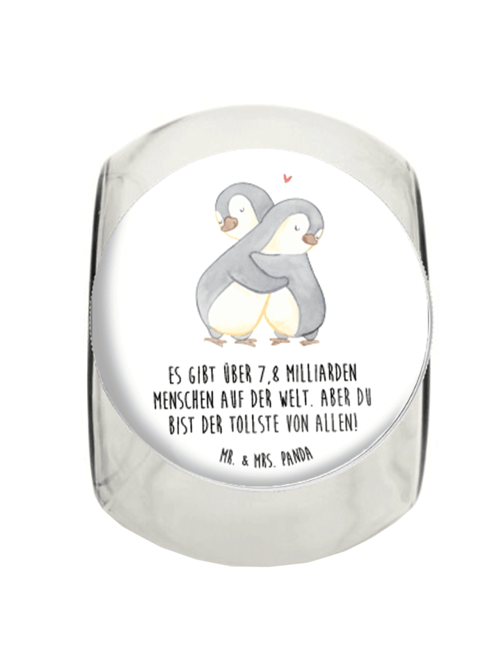 Bonbonglas Pinguine Kuscheln mit Spruch in Weiß