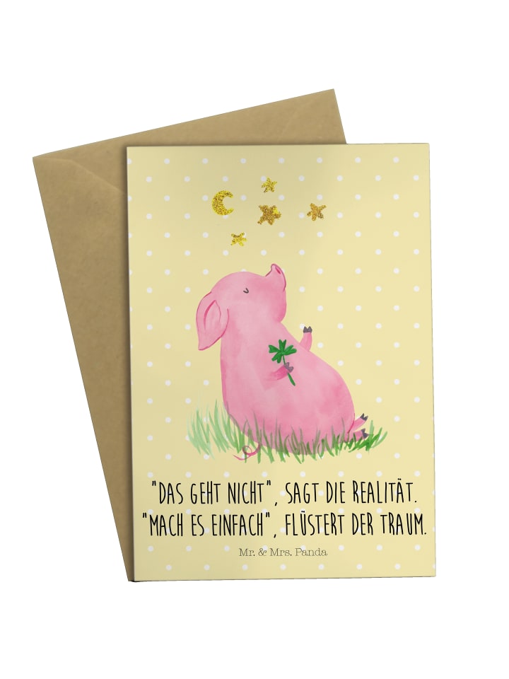 Grußkarte Schwein Glück mit Spruch in Gelb Pastell
