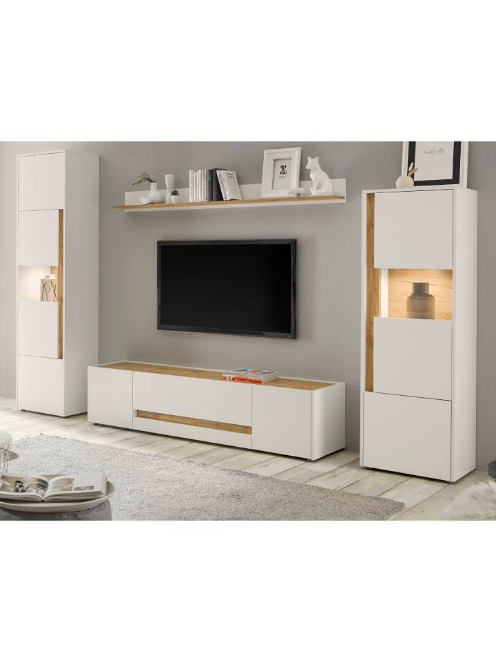 Wohnwand weiß, Eiche Wotan 4-teilig 310 cm, Wohnkombination modern