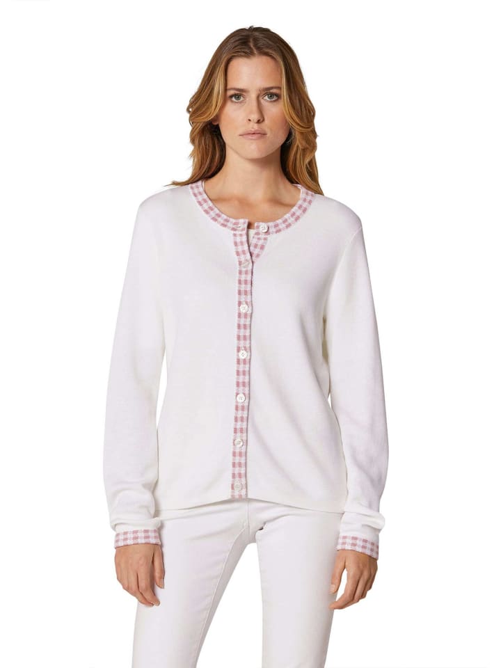 Strickjacke mit Vichy-Karo-Akzenten in wollweiß / hellmagnolie