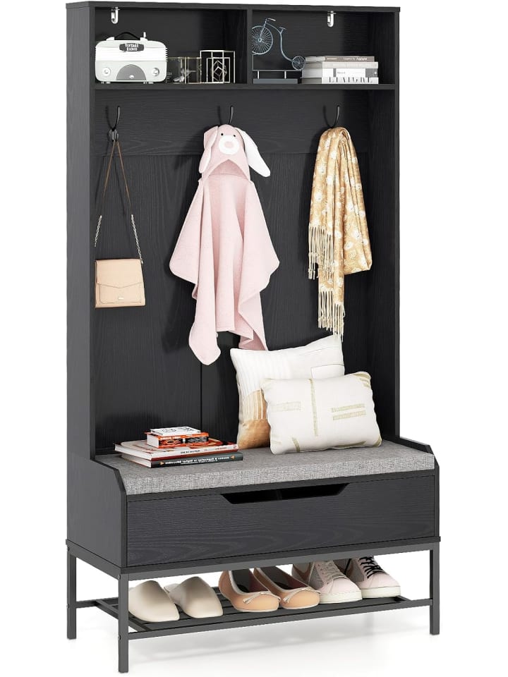 Garderobenständer mit Sitzbank 90 x 38,5 x 170 cm in Schwarz