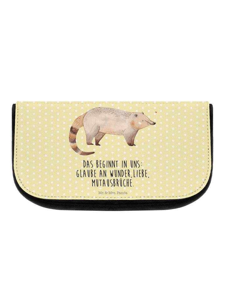 Kulturtasche Nasenbär mit Spruch in Gelb Pastell