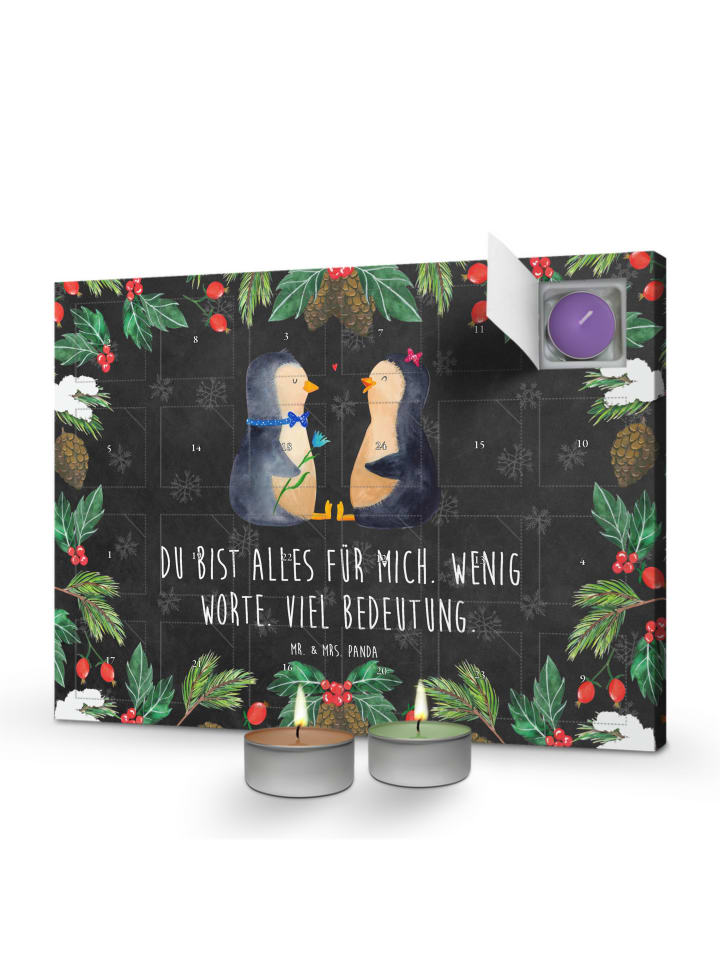 Adventskalender Pinguin Pärchen mit Spruch in Kreidetafel